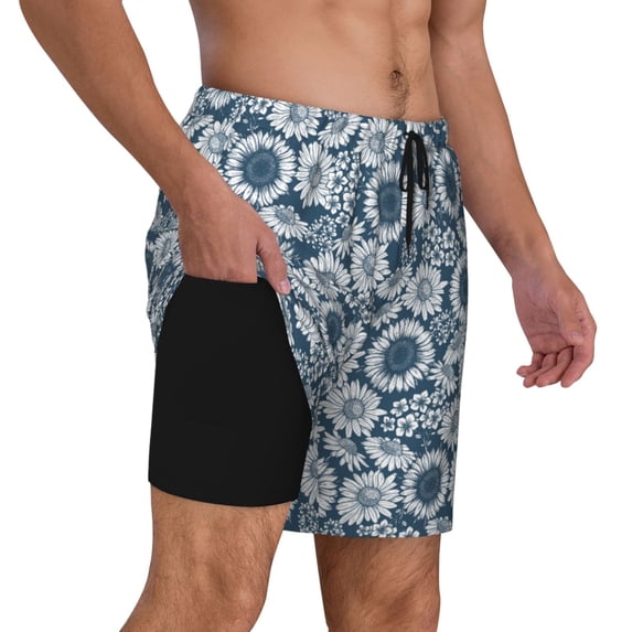 Uemuo Sunflowers Pattern Mens Swim Trunks Quick Dry Board Shorts with Mesh Lining, Stretch Beach Shorts Quick Dry No-Chafing Board Shorts-Large