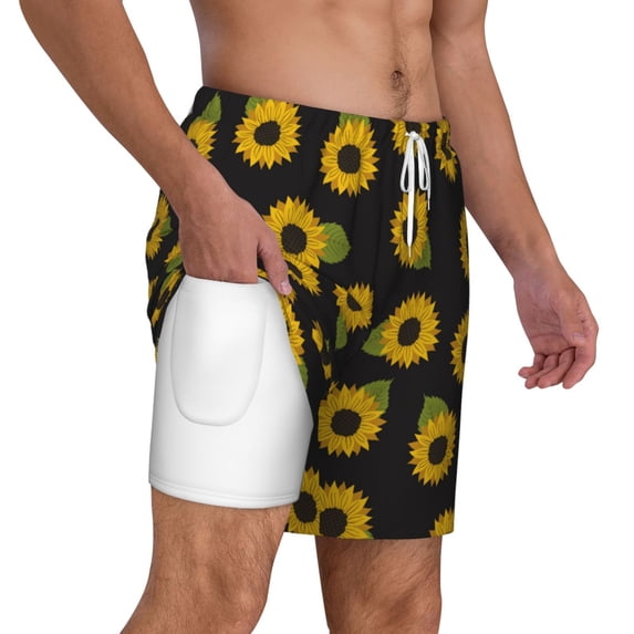 Uemuo Sunflowers Pattern Mens Swim Trunks Quick Dry Board Shorts with Mesh Lining, Stretch Beach Shorts Quick Dry No-Chafing Board Shorts-Large