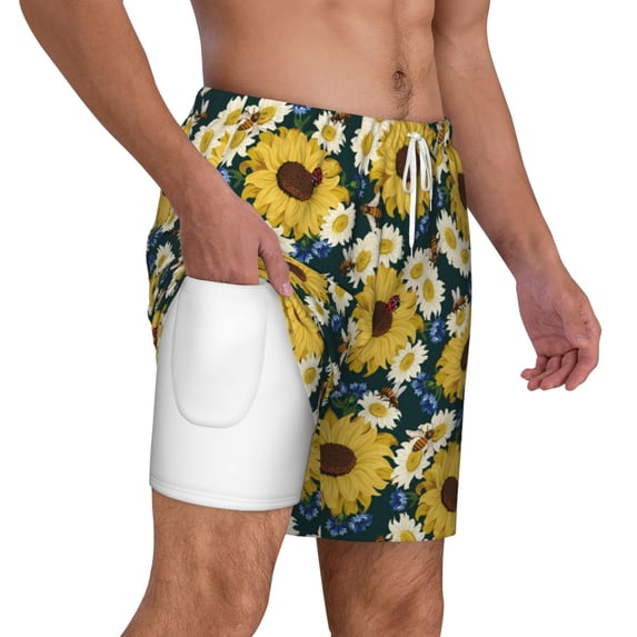 Uemuo Sunflowers Pattern Mens Swim Trunks Quick Dry Board Shorts with Mesh Lining, Stretch Beach Shorts Quick Dry No-Chafing Board Shorts-Medium