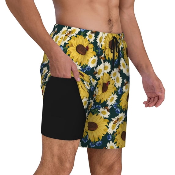 Uemuo Sunflowers Pattern Mens Swim Trunks Quick Dry Board Shorts with Mesh Lining, Stretch Beach Shorts Quick Dry No-Chafing Board Shorts-Small