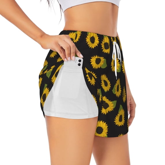 Uemuo Sunflowers Pattern Women's Athletic Shorts High Waisted Running Shorts with Liner Pockets Gym Elastic Workout Shorts-X-Large