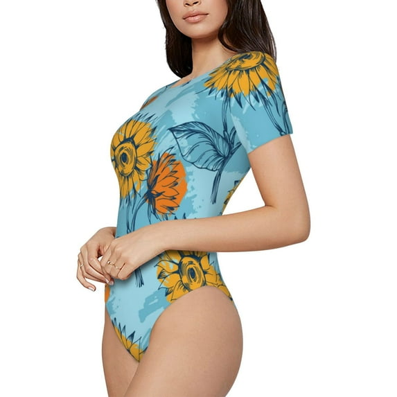 Uemuo Sunflowers Pattern Women's One Piece Short Sleeve Swimsuit Rash Guard Surfing Modest Quick-drying Swimsuit Beach Essentials-X-Large