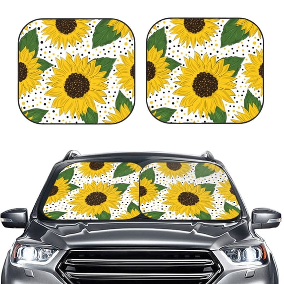 Uemuo Sunflowers Printed 2 PCS Car Windshield Sun Shade, Auto Sun Heat and UV Rays Blocker, Foldable Automotive Front Window Sunshade Protector