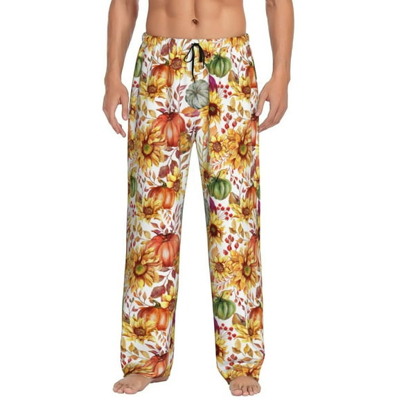 Uemuo Sunflowers Pumpkins And Autumn Leaves Pattern Men's Wide Leg Palazzo Lounge Pants with Pockets Light Weight Loose Comfy Casual Pajama Pants-Medium