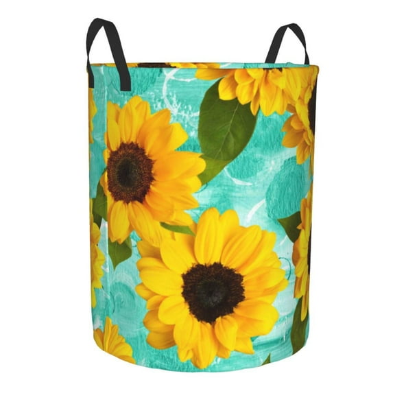 Uemuo Sunflowers With Green Leaves Pattern Circular Laundry Hamper Basket with handles,Collapsible laundry basket,Large capacity laundry hamper,Laundry Organizer-Medium
