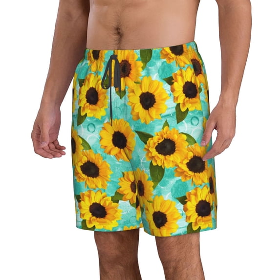 Uemuo Sunflowers With Green Leaves Pattern Men's Swim Trunks Hawaiian Beach Bathing Suit Swimsuits Beach Quick-Dry Shorts with Pockets-XX-Large