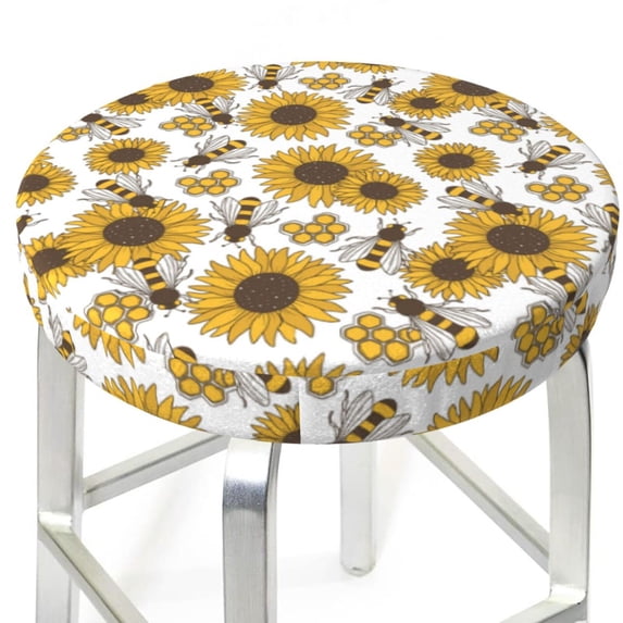 Uemuo Sunflowers and Bees Pattern Round Bar Stool Seat Covers Washable Stool Cushion Slipcover Elastic Bar Chair Covers-13 inch