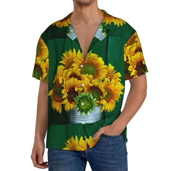 Uemuo Sunflowers in Bucket Pattern Cotton Linen Short Sleeve Shirts,Casual Lightweight Button Down Shirts,Vacation Beach Summer Tops-Small