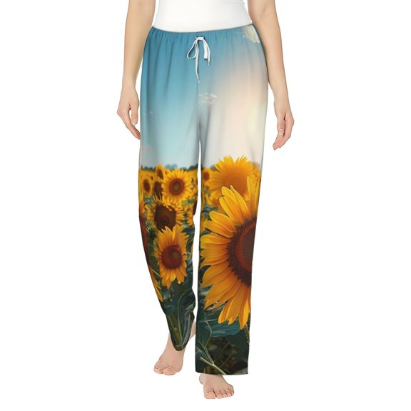 Uemuo Sunlit Sunflower Field Pattern Women's Wide Leg Palazzo Lounge Pants with Pockets Light Weight Loose Comfy Casual Pajama Pants-X-Large