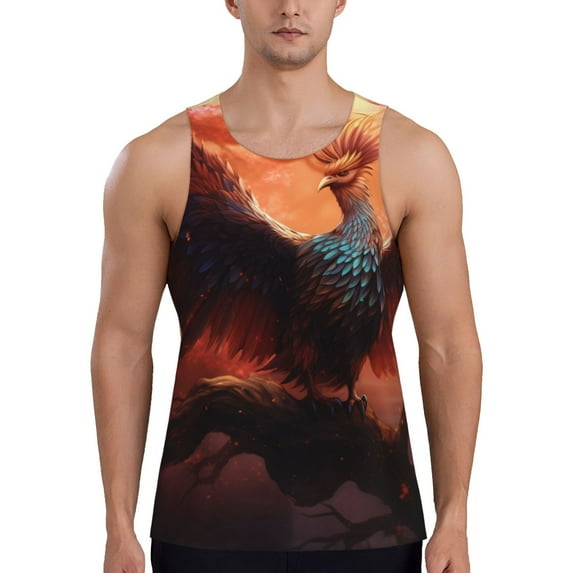 Uemuo Sunset Blossoms Phoenix Perch Pattern Men's Muscle Shirts Sleeveless Dry Fit Gym Workout Tank Top Lightweight Sports Tank Top Beach Tank Top, Loose-fit Sleeveless Shirt-Large