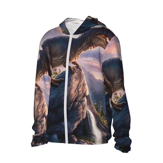Uemuo Sunset Cliff Dinosaur Pattern Women's Full Zip UPF 50+ Sun Protection Hoodie Jacket Long Sleeve Sun Shirt Hiking Outdoor Performance with Pockets-X-Large