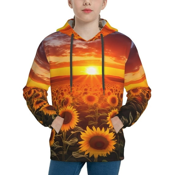 Uemuo Sunset Golden Sunflower Field Pattern Hooded Sweatshirt for Youth Pullover with Kangaroo Pocket Trendy youth sweatshirt Casual Hoodie for Boys and Girls-Small