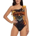 thumbnail image 1 of Uemuo Sunset Maple Tree Fox Print Women's One Piece Swimsuit Asymmetrical Neck Bathing Suit One Shoulder Side Cutout Ruffle Swimwear-Small, 1 of 6