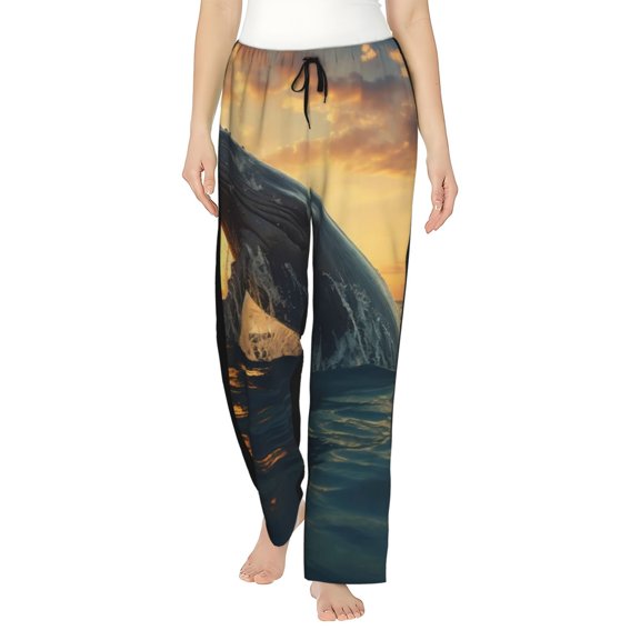 Uemuo Sunset Ocean Whale Pattern Women's Wide Leg Palazzo Lounge Pants with Pockets Light Weight Loose Comfy Casual Pajama Pants-Medium