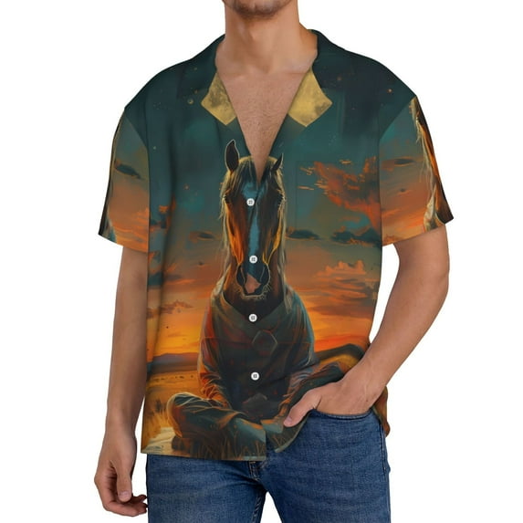 Uemuo Sunset Prairie Meditating Horse Pattern Cotton Linen Short Sleeve Shirts,Casual Lightweight Button Down Shirts,Vacation Beach Summer Tops-4X-Large