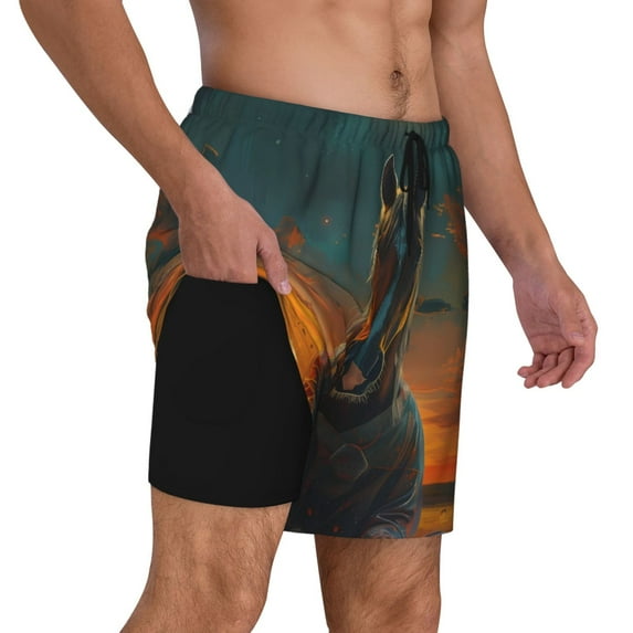 Uemuo Sunset Prairie Meditating Horse Pattern Mens Swim Trunks Quick Dry Board Shorts with Mesh Lining, Stretch Beach Shorts Quick Dry No-Chafing Board Shorts-X-Large