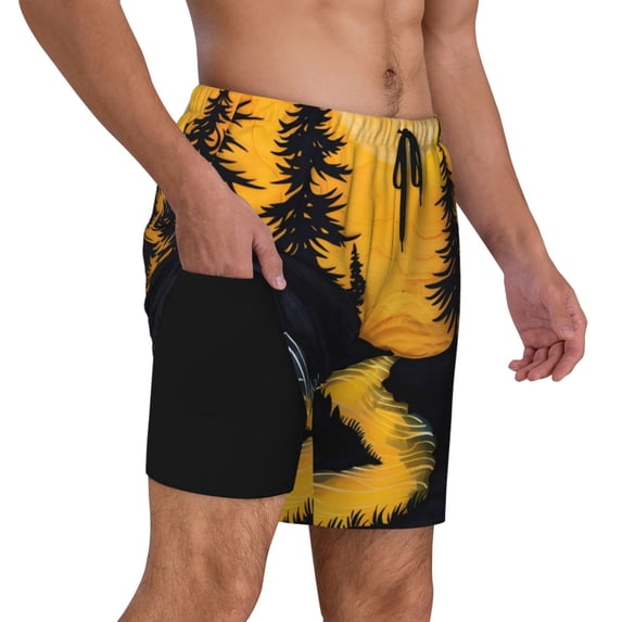 Uemuo Sunset River Pine Trees Pattern Mens Swim Trunks Quick Dry Board Shorts with Mesh Lining, Stretch Beach Shorts Quick Dry No-Chafing Board Shorts-XX-Large
