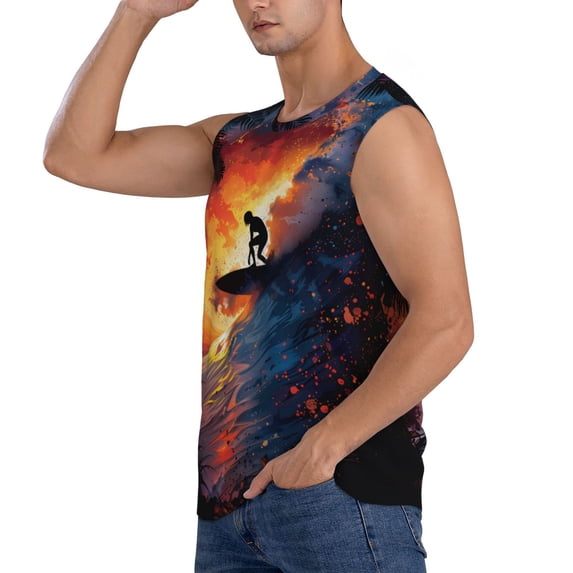 Uemuo Sunset Surfing Silhouette Pattern Men's Sleeveless T-Shirt,Muscle Athletic Tank Top, Moisture-wicking Quick-dry Breathable Classic Tee Top for Gym Run Outdoor Sports-Small