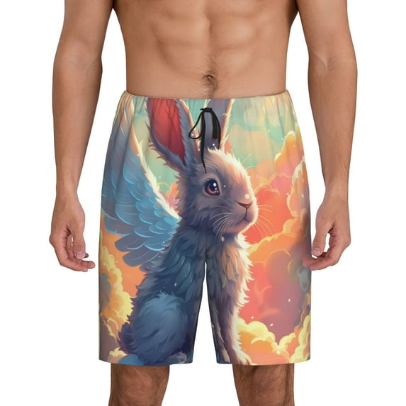 Uemuo Sunshine Winged Rabbit Pattern Men's Short Pajama Pants – Soft & Breathable Lounge Shorts, Elastic Waistband with Pockets, Lightweight Sleepwear for All-Season Comfort-X-Large