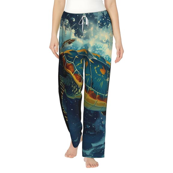 Uemuo Surfing Turtle Pattern Women's Wide Leg Palazzo Lounge Pants with Pockets Light Weight Loose Comfy Casual Pajama Pants-Large