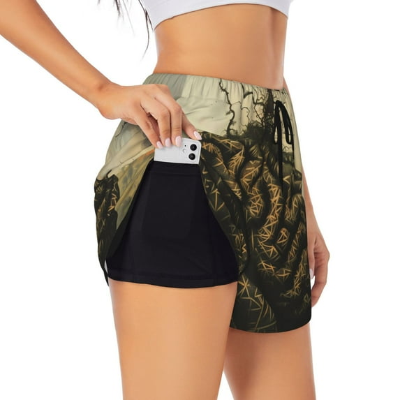 Uemuo Surreal Brain Tree Pattern Women's Athletic Shorts High Waisted Running Shorts with Liner Pockets Gym Elastic Workout Shorts-Large
