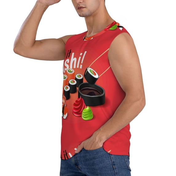 Uemuo Sushi Pattern Men's Sleeveless T-Shirt,Muscle Athletic Tank Top, Moisture-wicking Quick-dry Breathable Classic Tee Top for Gym Run Outdoor Sports-Large