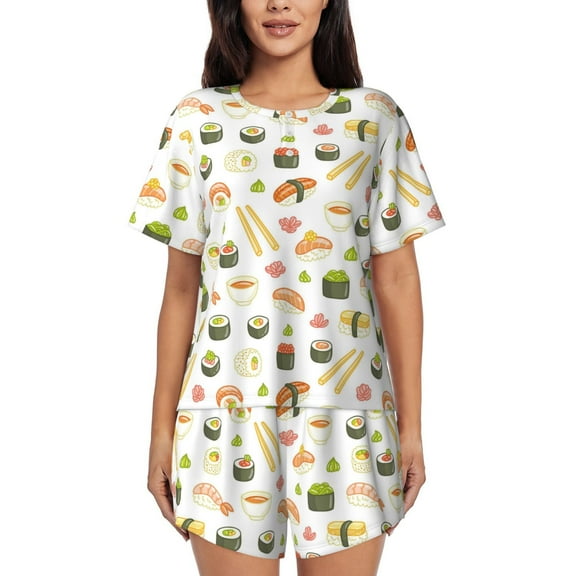 Uemuo Sushi and Rolls Pattern Women's Short-Sleeved Pajama, Button-Front Loungewear, 2-Piece Summer Sleepwear, Elastic Drawstring Shorts-Large