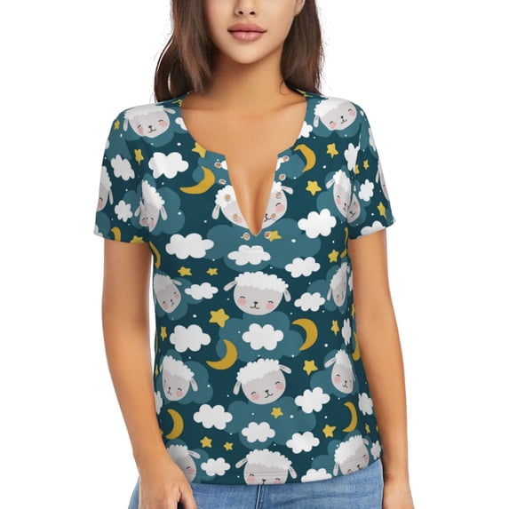 Uemuo Sweet Dream Lamb Drawing Women's Deep V-Neck Low Cut Tops - Casual Loose Fit with Stainless Steel Loop, Soft, Breathable, Perfect for Office, Travel, and Daily Wear-Small