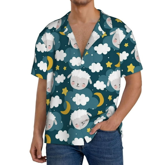 Uemuo Sweet Dream Lamb Pattern Cotton Linen Short Sleeve Shirts,Casual Lightweight Button Down Shirts,Vacation Beach Summer Tops-Small
