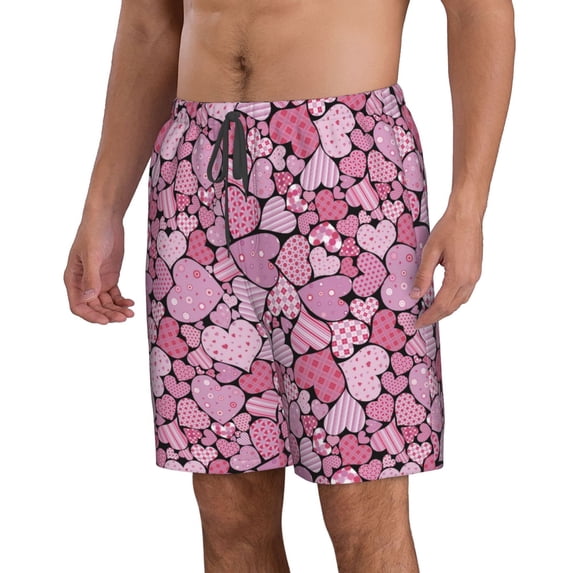 Uemuo Sweet Heart Pattern Men's Swim Trunks Hawaiian Beach Bathing Suit Swimsuits Beach Quick-Dry Shorts with Pockets-Small