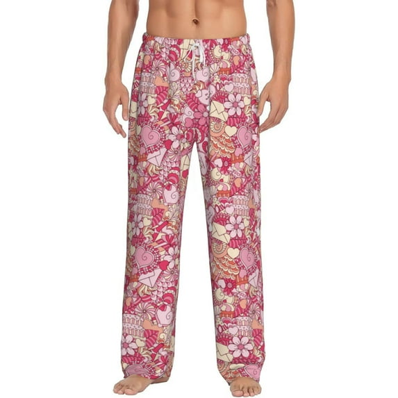 Uemuo Sweet Pattern Men's Wide Leg Palazzo Lounge Pants with Pockets Light Weight Loose Comfy Casual Pajama Pants-X-Large