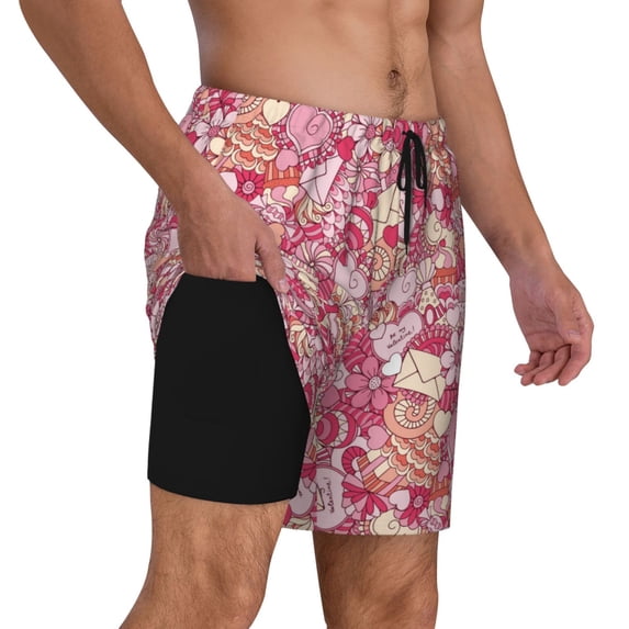 Uemuo Sweet Pattern Mens Swim Trunks Quick Dry Board Shorts with Mesh Lining, Stretch Beach Shorts Quick Dry No-Chafing Board Shorts-Large