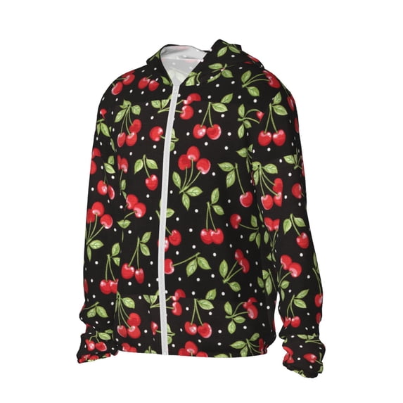 Uemuo Sweet Red Cherry Pattern Women's Full Zip UPF 50+ Sun Protection Hoodie Jacket Long Sleeve Sun Shirt Hiking Outdoor Performance with Pockets-X-Large