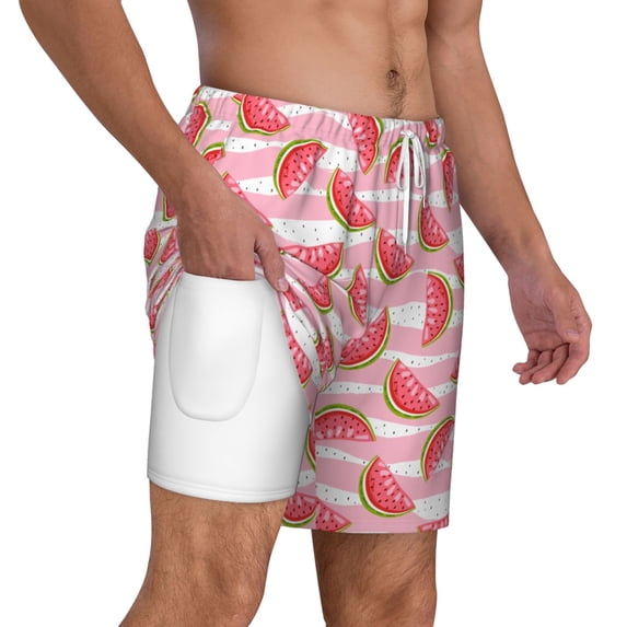 Uemuo Sweet Watermelon Pattern Mens Swim Trunks Quick Dry Board Shorts with Mesh Lining, Stretch Beach Shorts Quick Dry No-Chafing Board Shorts-3X-Large