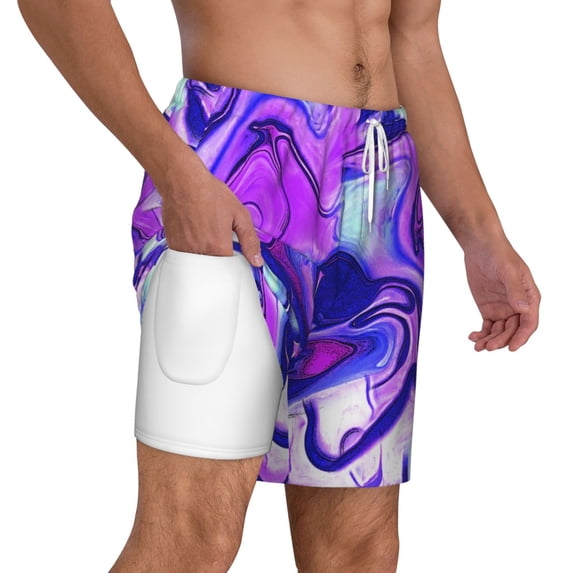 Uemuo Swirl Print Blue Purple1 Pattern Mens Swim Trunks Quick Dry Board Shorts with Mesh Lining, Stretch Beach Shorts Quick Dry No-Chafing Board Shorts-Large