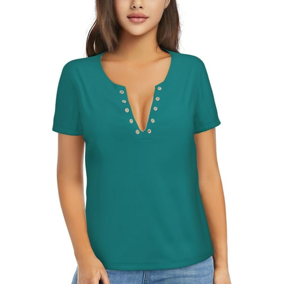 Uemuo Teal Drawing Women's Deep V-Neck Low Cut Tops - Casual Loose Fit with Stainless Steel Loop, Soft, Breathable, Perfect for Office, Travel, and Daily Wear-Small