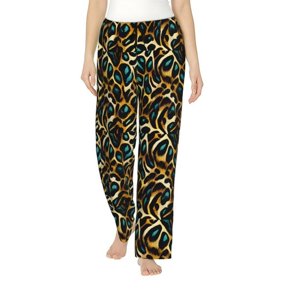 Uemuo Teal Leopard Pattern Women's Wide Leg Palazzo Lounge Pants with Pockets Light Weight Loose Comfy Casual Pajama Pants-Small