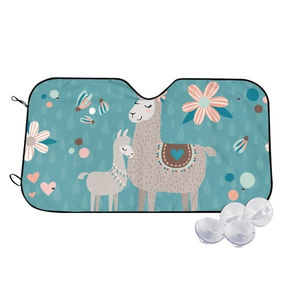 Uemuo Teal Mama Llama Pattern Accordion Car Windshield Sun Shade, Foldable Reflective Sun Visor for Car, Reflector Windshield Sunshade-