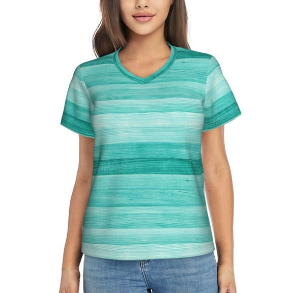 Uemuo Teal Turquoise Printed Women's Classic V-Neck T-Shirt - Soft, Breathable, Moisture-Wicking, Perfect for Casual, Office, Travel, and Everyday Wear-Large
