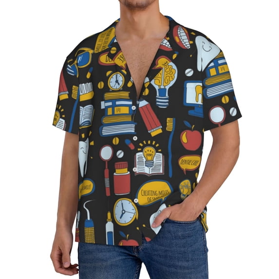 Uemuo Teeth Pattern Cotton Linen Short Sleeve Shirts,Casual Lightweight Button Down Shirts,Vacation Beach Summer Tops-Large