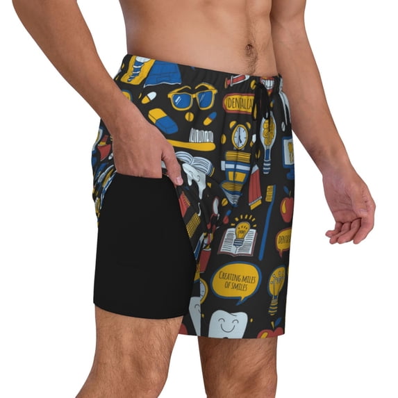 Uemuo Teeth Pattern Mens Swim Trunks Quick Dry Board Shorts with Mesh Lining, Stretch Beach Shorts Quick Dry No-Chafing Board Shorts-Small