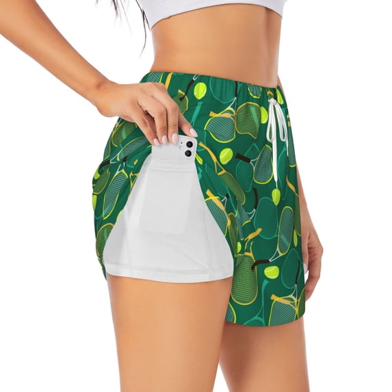 Uemuo Tennis Rackets and Balls Pattern Women's Athletic Shorts High Waisted Running Shorts with Liner Pockets Gym Elastic Workout Shorts-Medium