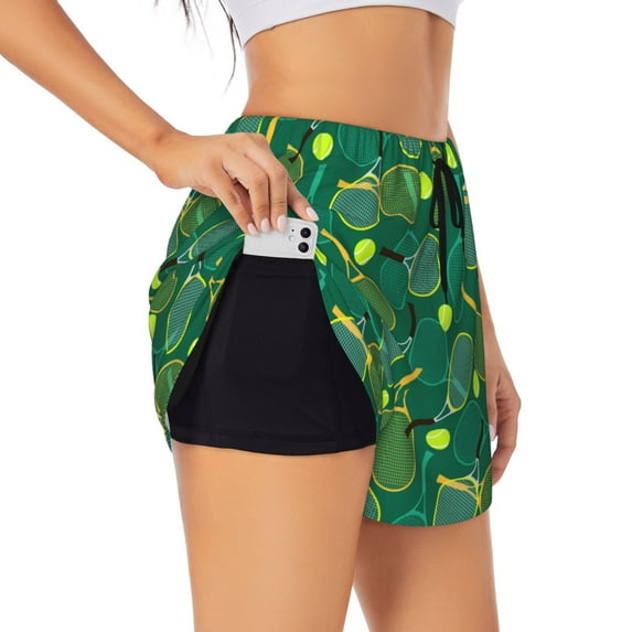 Uemuo Tennis Rackets and Balls Pattern Women's Athletic Shorts High Waisted Running Shorts with Liner Pockets Gym Elastic Workout Shorts-