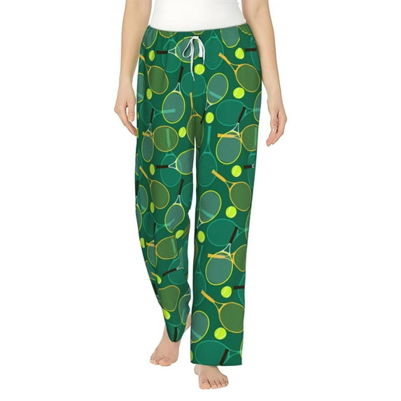 Uemuo Tennis Rackets and Balls Pattern Women's Wide Leg Palazzo Lounge Pants with Pockets Light Weight Loose Comfy Casual Pajama Pants-Medium