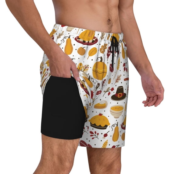 Uemuo Thanksgiving Pattern Mens Swim Trunks Quick Dry Board Shorts with Mesh Lining, Stretch Beach Shorts Quick Dry No-Chafing Board Shorts-3X-Large