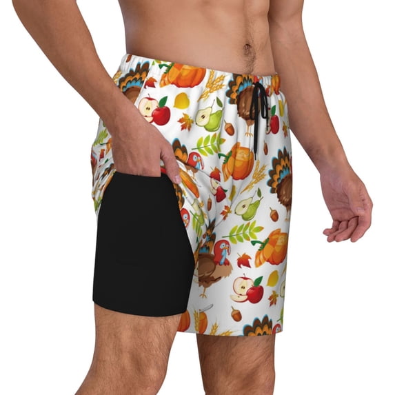 Uemuo Thanksgiving Turkey Pattern Mens Swim Trunks Quick Dry Board Shorts with Mesh Lining, Stretch Beach Shorts Quick Dry No-Chafing Board Shorts-Large