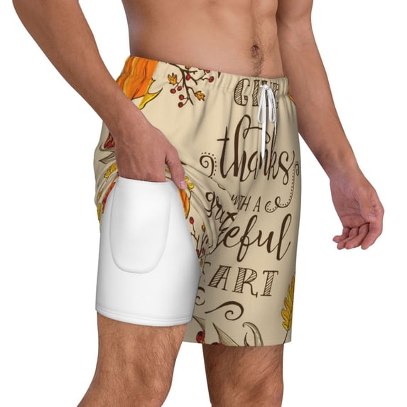 Uemuo Thanksgiving With A Grateful Heart Pattern Mens Swim Trunks Quick Dry Board Shorts with Mesh Lining, Stretch Beach Shorts Quick Dry No-Chafing Board Shorts-3X-Large