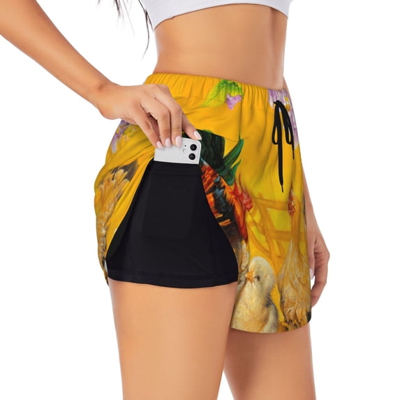 Uemuo The Chicken Family Pattern Women's Athletic Shorts High Waisted Running Shorts with Liner Pockets Gym Elastic Workout Shorts-X-Large