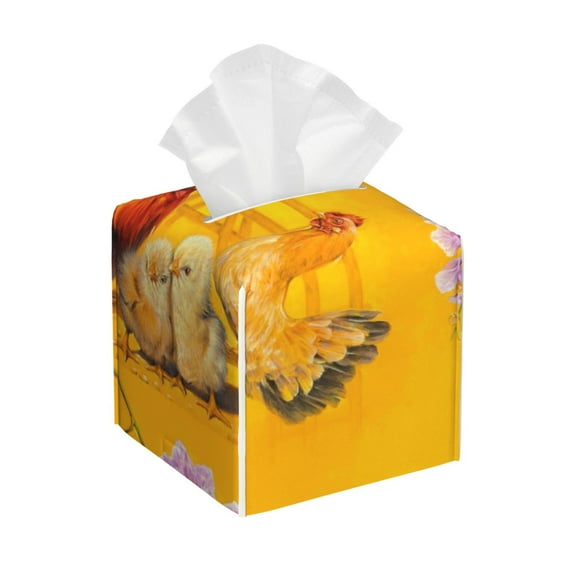 Uemuo The Chicken Family Tissue Box Cover Holder, Square with Bottom Belt - PVC Leather Decorative Organizer for Tabletop, Bathroom, Car, Office