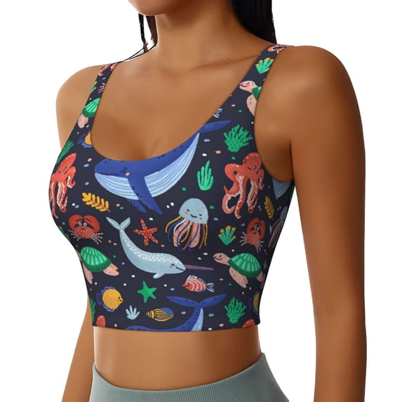 Uemuo The Underwater World Pattern Women's Sports Bra - High Impact Support, Breathable, and Comfortable Athletic Bra for Running, Yoga, and Workouts
